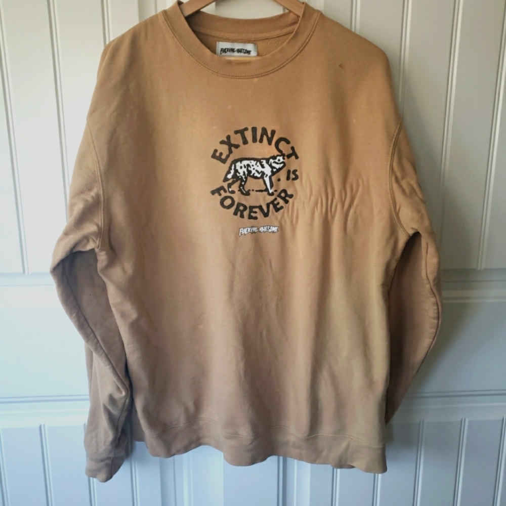 RARE FUCKING AWESOME Tan GRAPHIC CREWNECK SWEATSHIRT Large‎
